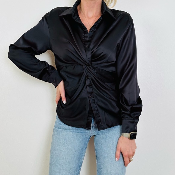 Shein Maite Perroni black satin solid front twist long sleeve blouse shirt - Picture 5 of 12